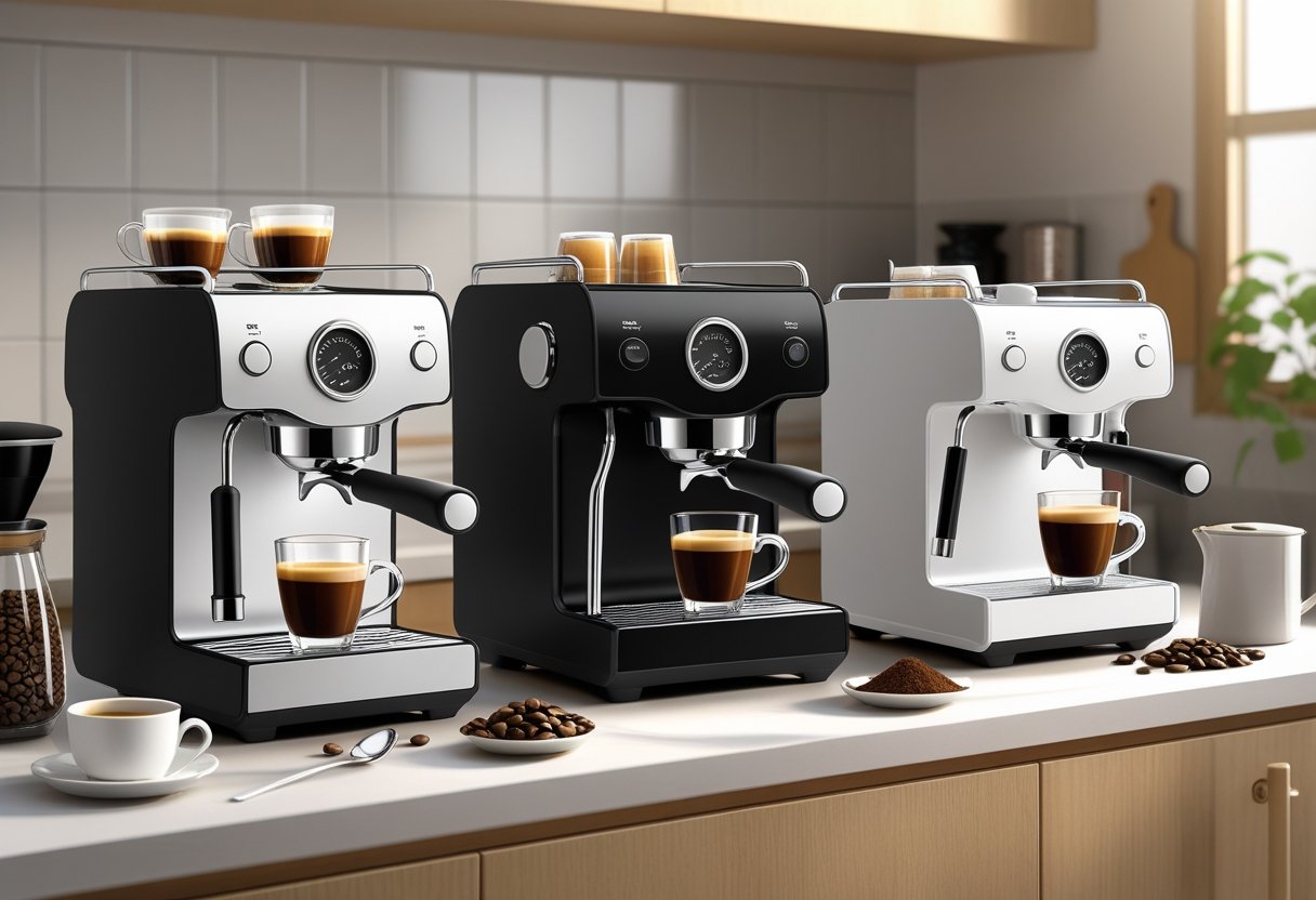 A kitchen countertop with three compact espresso machines brewing coffee, surrounded by coffee beans and a milk frother.