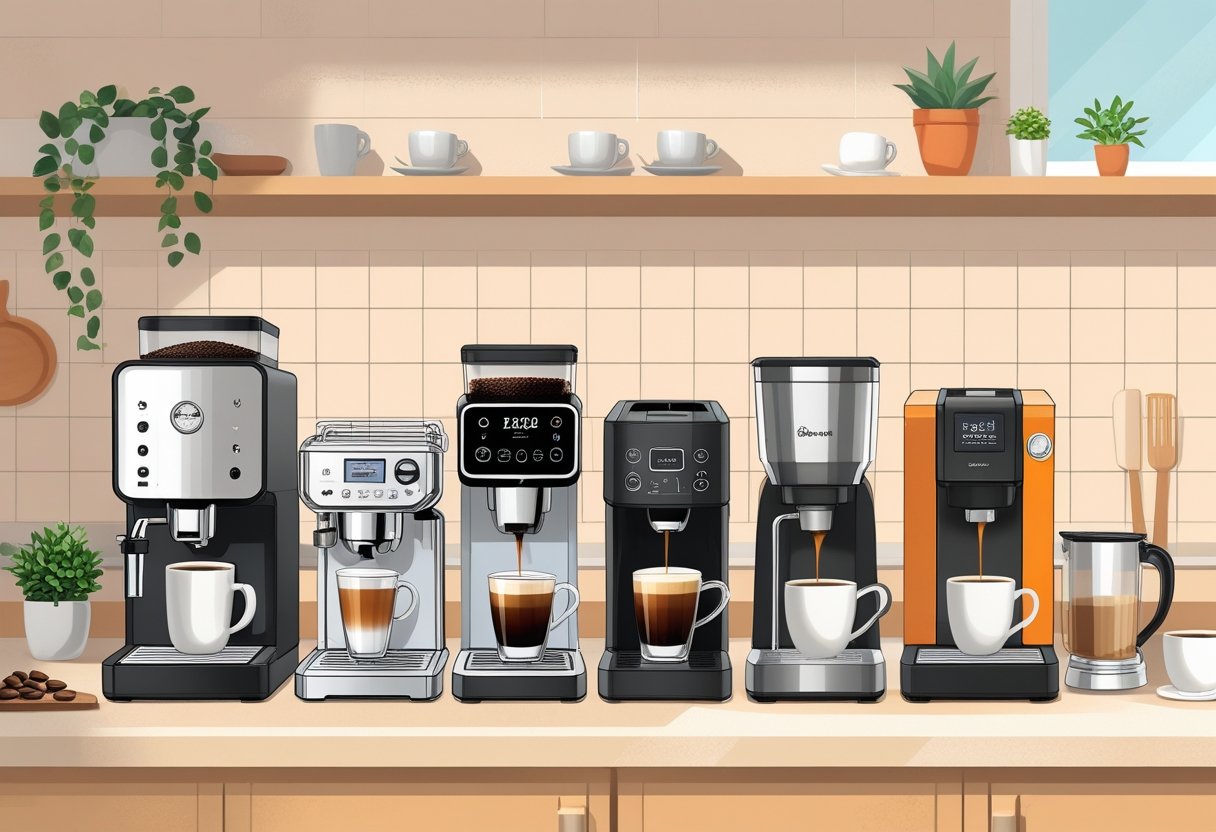 A kitchen countertop displaying different types of affordable coffee machines including espresso machines and drip coffee makers in a modern kitchen setting.