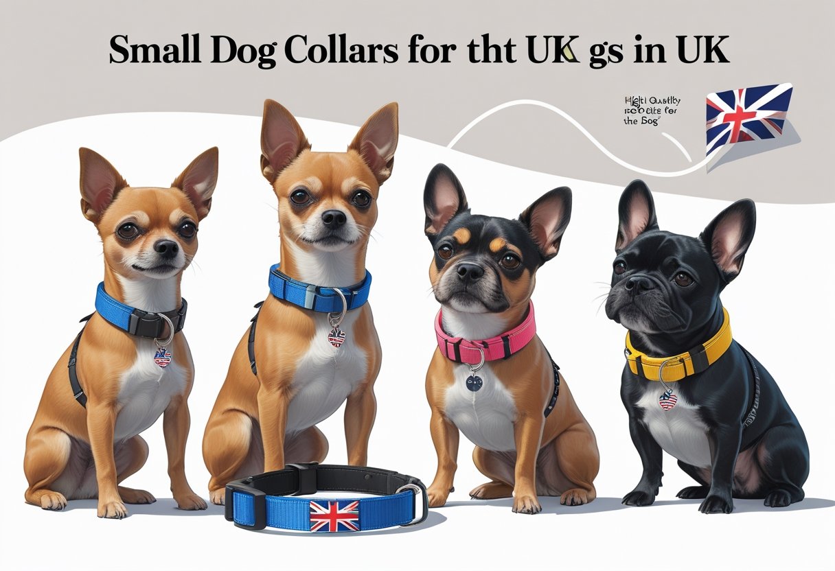 Small dog breeds wearing different types of collars designed for comfort and safety, displayed with subtle UK-themed details.