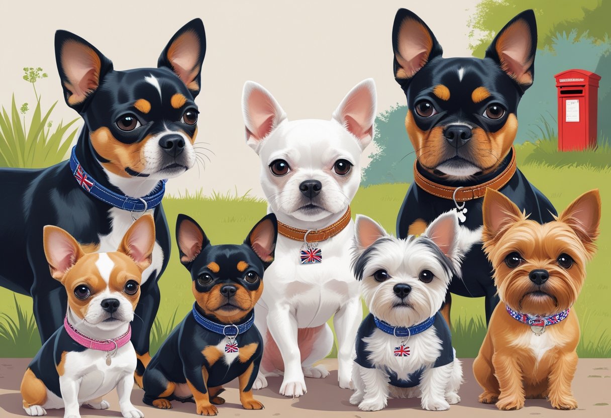 Several small dogs wearing different styles of collars standing in a garden with a red postbox in the background.