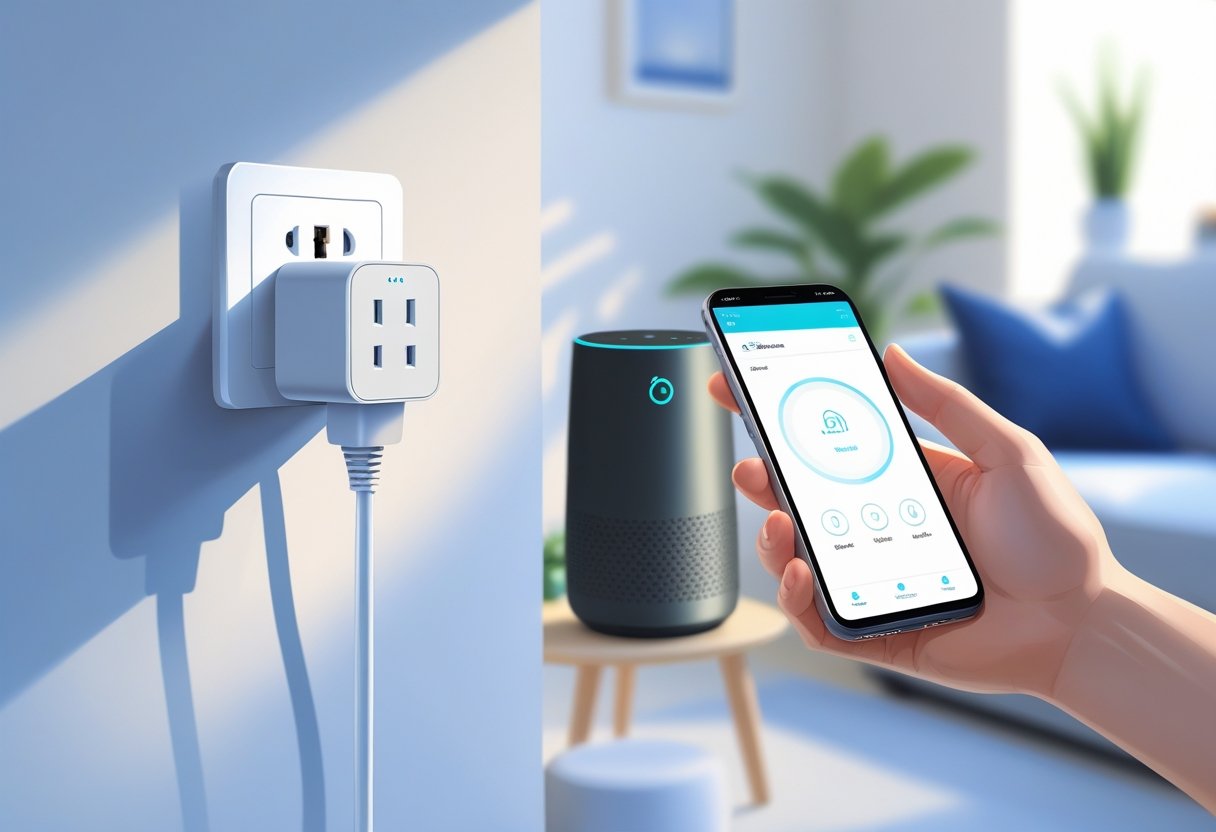 A smart plug connected to a UK electrical outlet with a smartphone showing a smart home app and a smart speaker nearby in a modern living room.