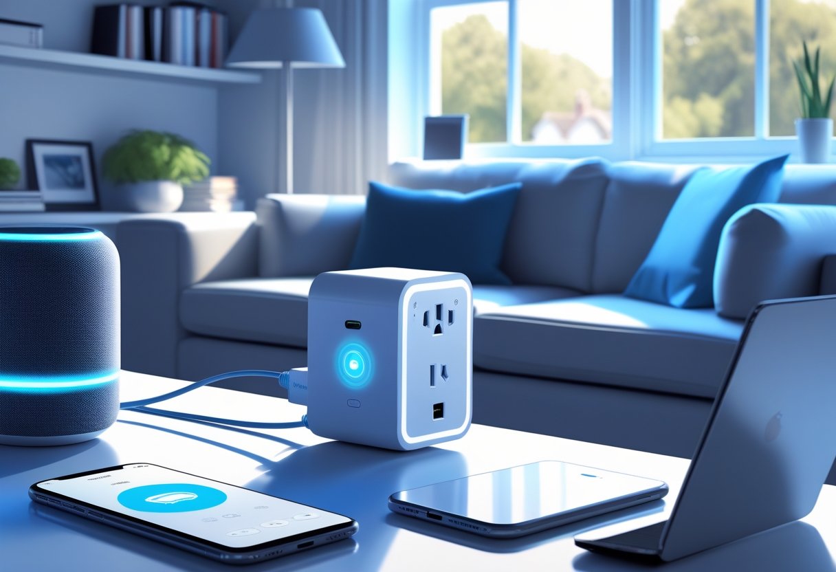 A modern UK living room with a smart plug connected to a power outlet, surrounded by smart home devices including a smart speaker, smartphone, and laptop.