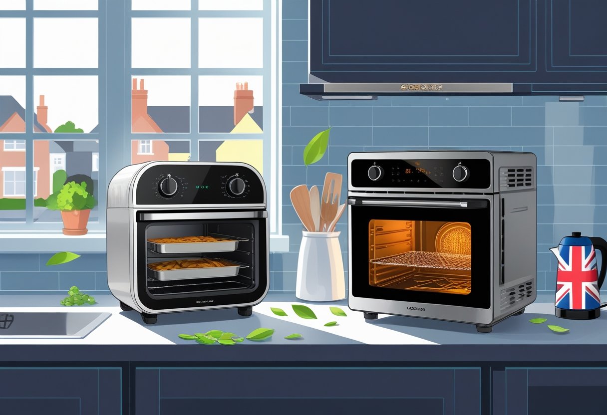 A modern kitchen countertop showing an air fryer and an oven side by side with symbols indicating energy consumption differences.