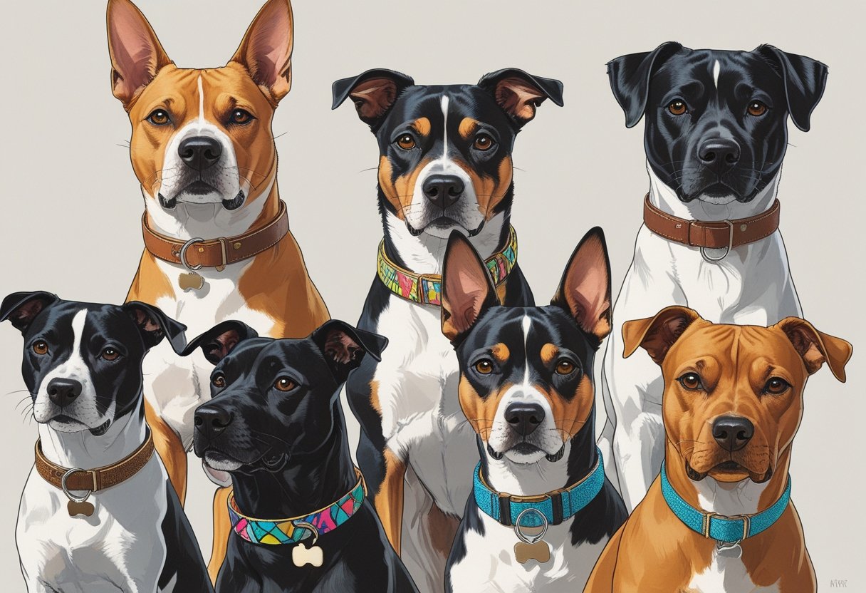 Several dogs of different breeds wearing various styles of collars that reflect their unique personalities, shown against a simple background.