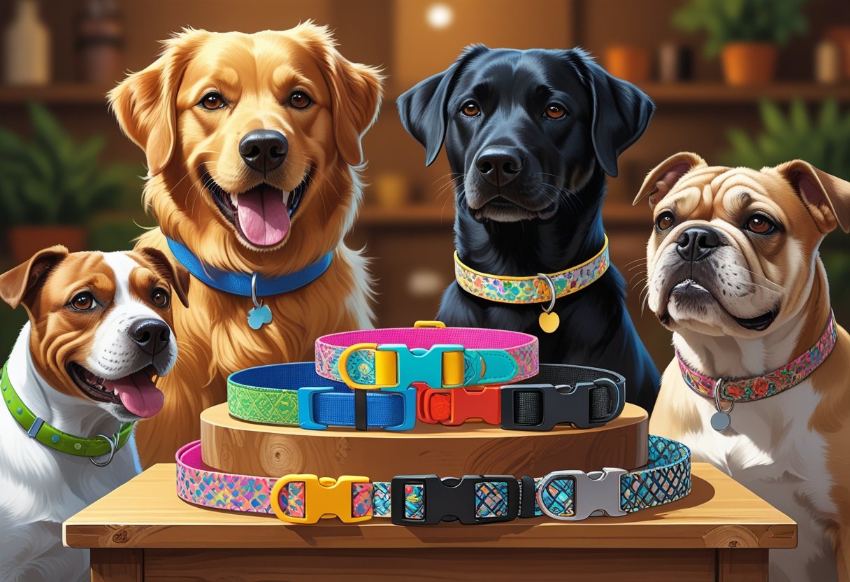 Several dogs wearing different styles of collars standing near a display of various dog collars on a table.