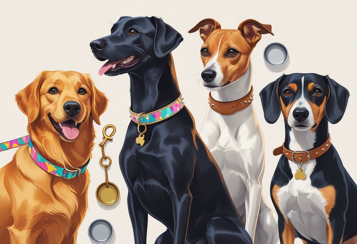 Several dogs wearing different collars that reflect their unique personalities, surrounded by pet accessories.