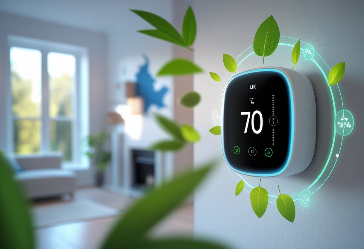 A modern UK home interior showing a smart thermostat on the wall with symbols representing energy savings and connected smart devices.