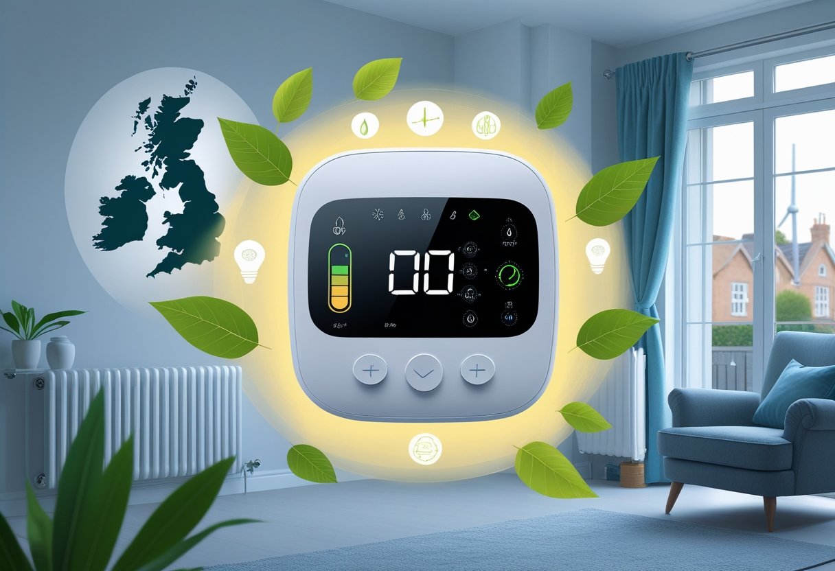 A smart thermostat on a wall in a UK home living room with symbols of energy efficiency and a view of a suburban neighbourhood outside.