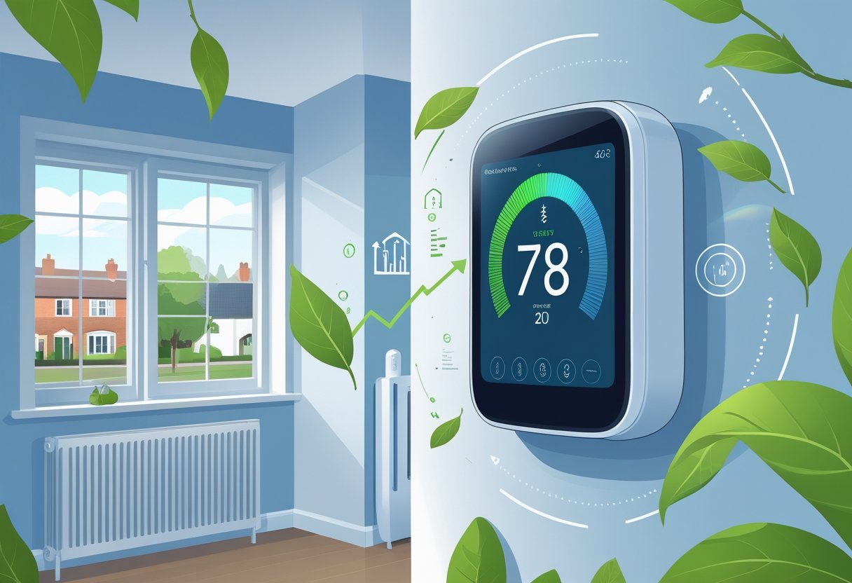 A modern UK home interior with a smart thermostat on the wall showing temperature controls and symbols representing energy savings.