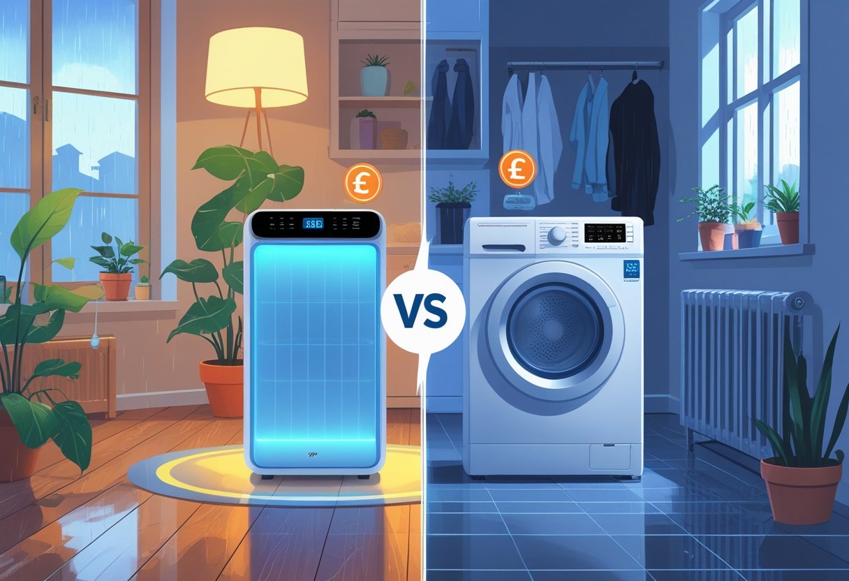 A split scene showing a dehumidifier in a living room and a tumble dryer in a laundry room, each with energy meters indicating their energy use and cost, set in a typical UK home environment.