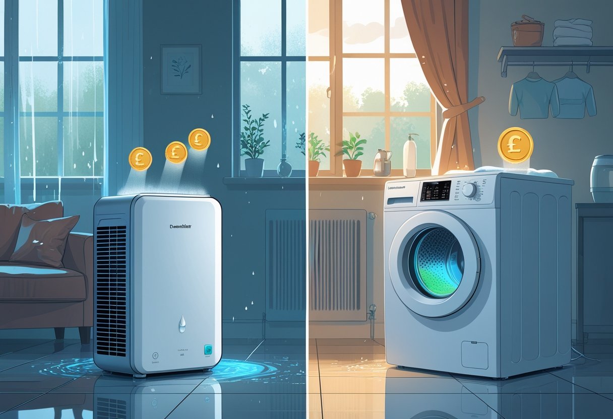 A side-by-side scene showing a dehumidifier in a living room drying clothes and a tumble dryer in a laundry room with clothes tumbling inside, with subtle icons representing money and energy savings above each appliance.
