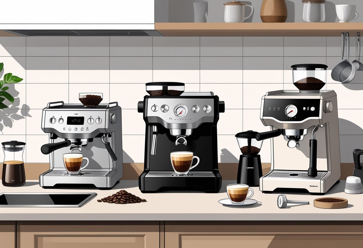 A kitchen countertop displaying several espresso machines with coffee accessories and a cup of espresso.