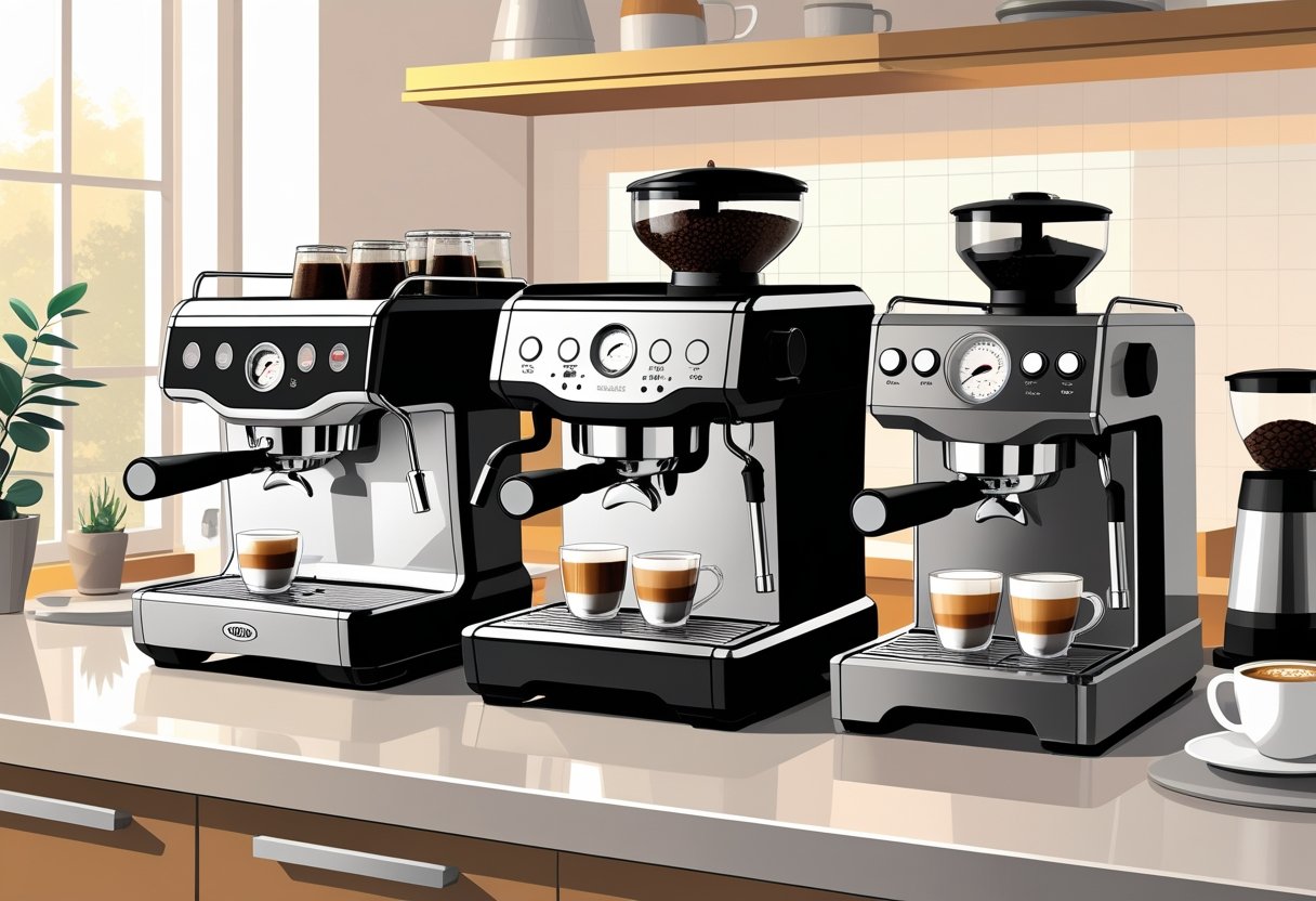 A kitchen countertop with three different espresso machines, coffee cups with espresso shots, and a coffee grinder in a bright kitchen setting.
