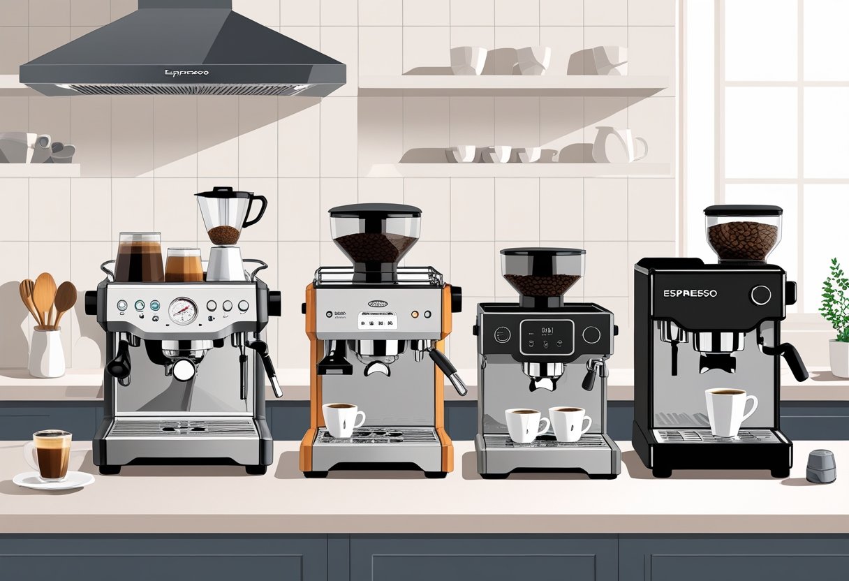 A kitchen countertop displaying several types of espresso machines for home use, including manual, semi-automatic, and pod-based models, with coffee cups and accessories nearby.