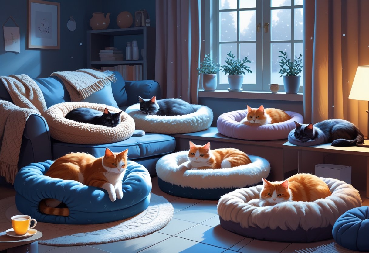 Several cats resting comfortably on warm, plush cat beds inside a cosy living room with a winter scene visible outside the window.