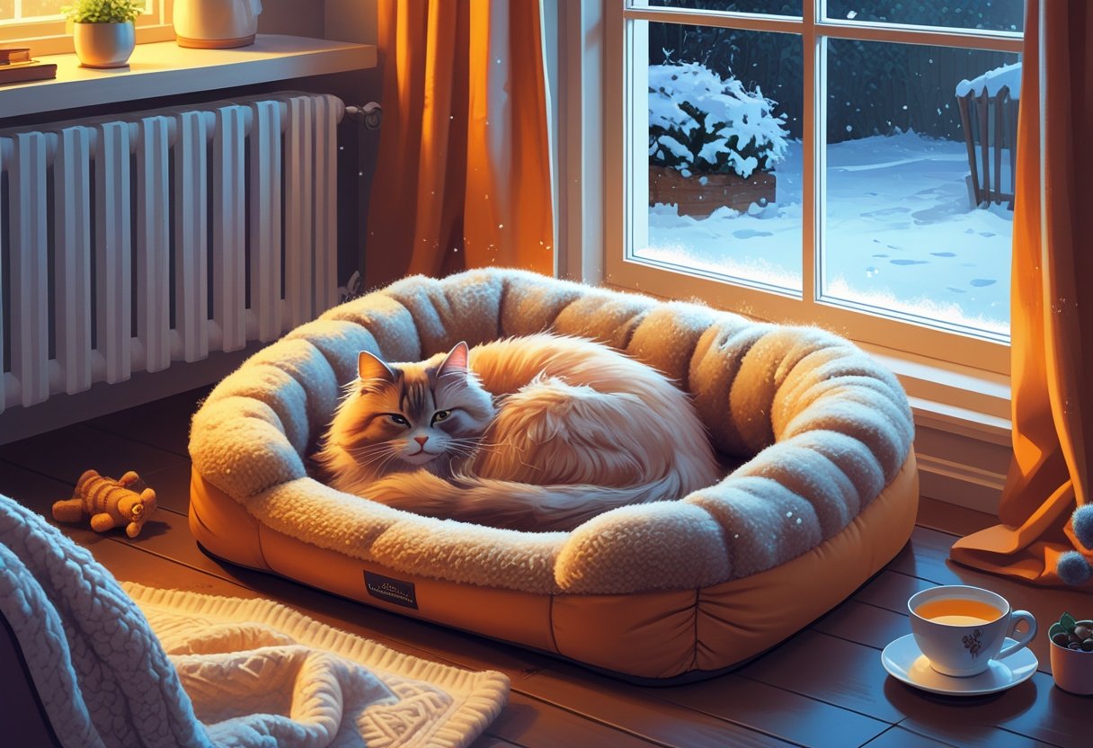 A cat curled up inside a warm, plush cat bed near a radiator in a living room with a snowy garden visible through the window.