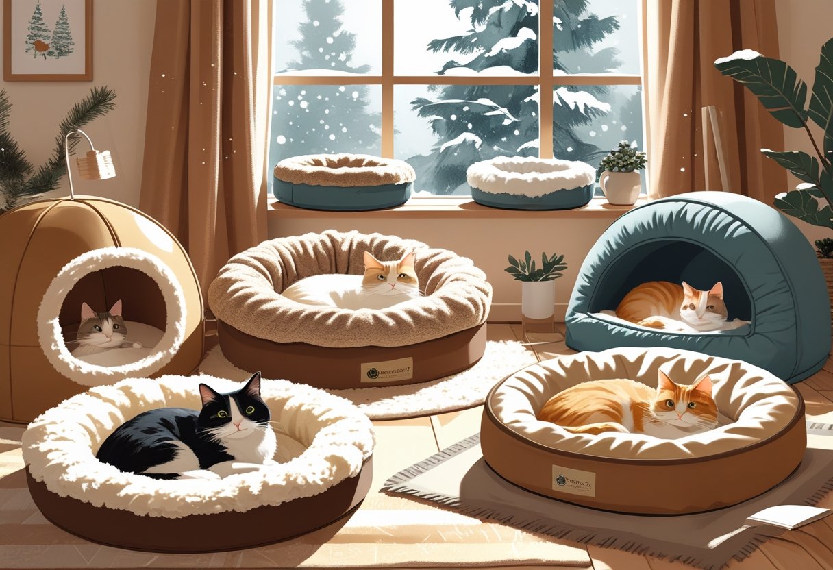 Various warm cat beds with cats resting inside them in a cozy indoor room with a snowy view outside the window.