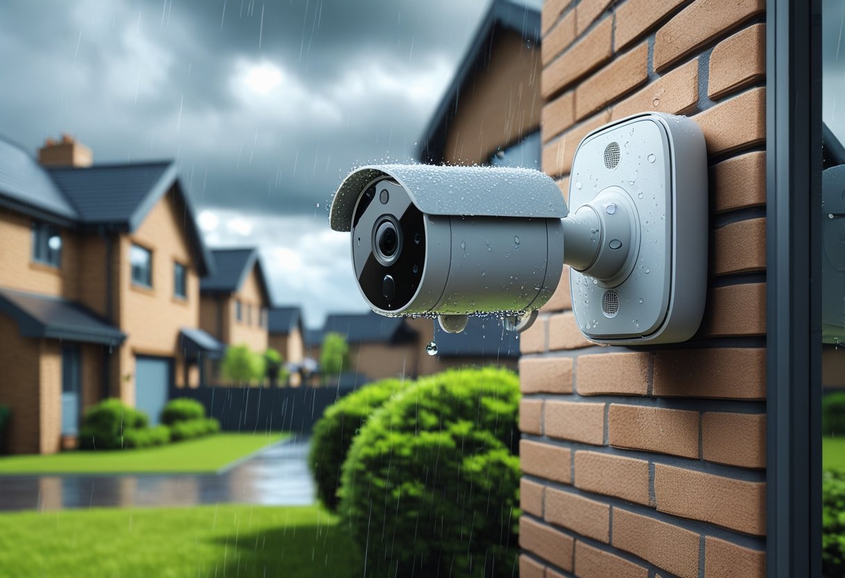 An outdoor security camera mounted on a house wall with a garden and cloudy sky in the background, showing raindrops falling.