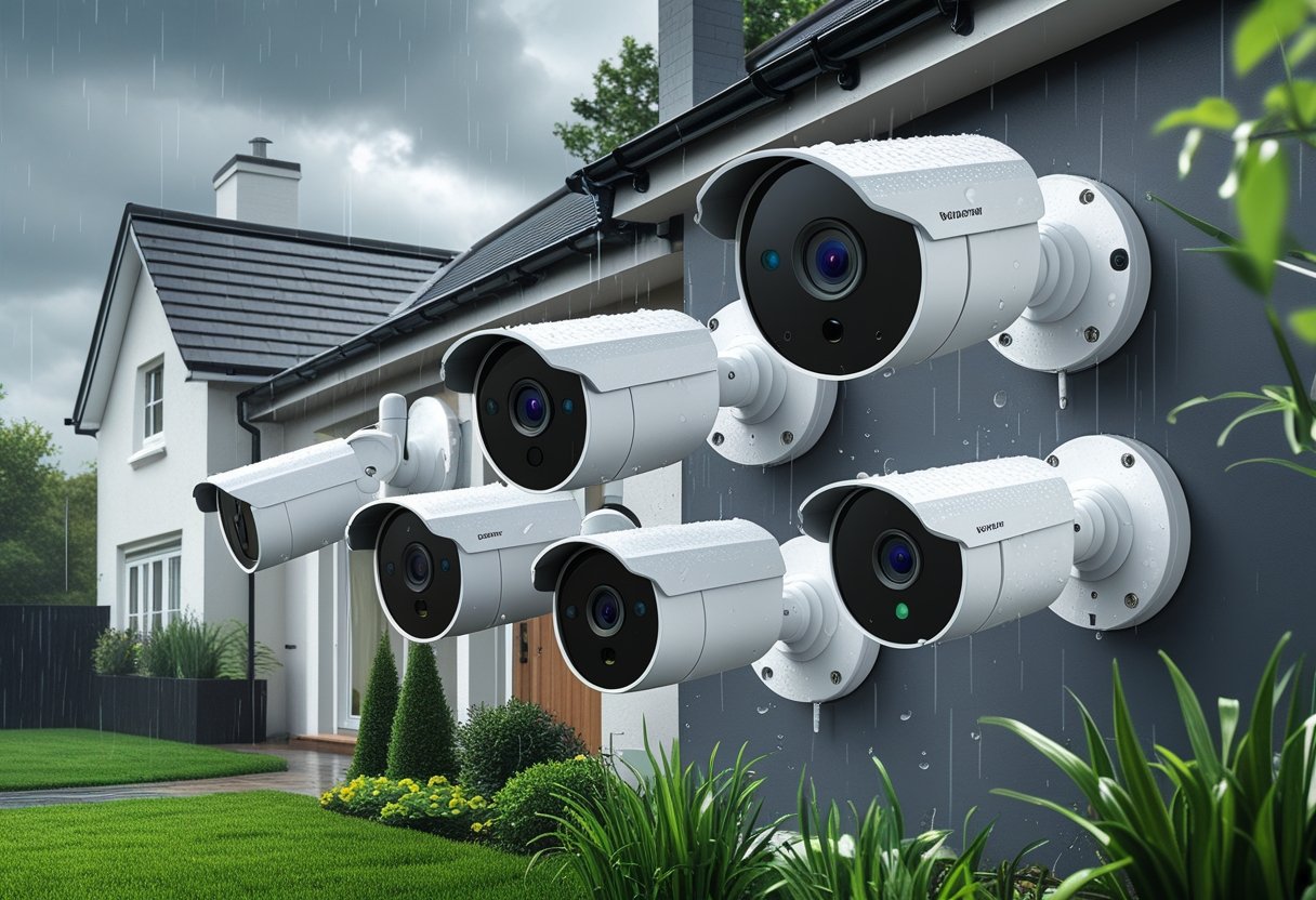 Various outdoor security cameras mounted on a British suburban house exterior with wet walls and overcast skies, showing rain and garden plants.